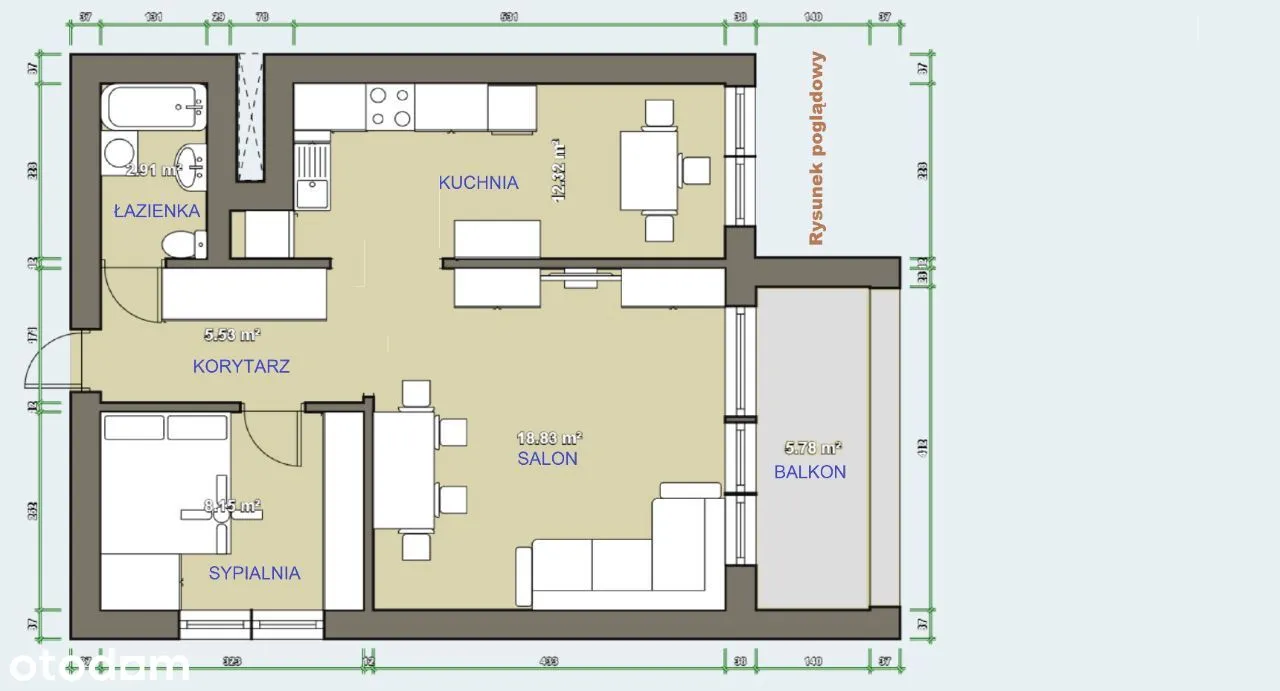 URSYNÓW 47,2m2 (2 pokoje + osobna kuchnia) Komplet