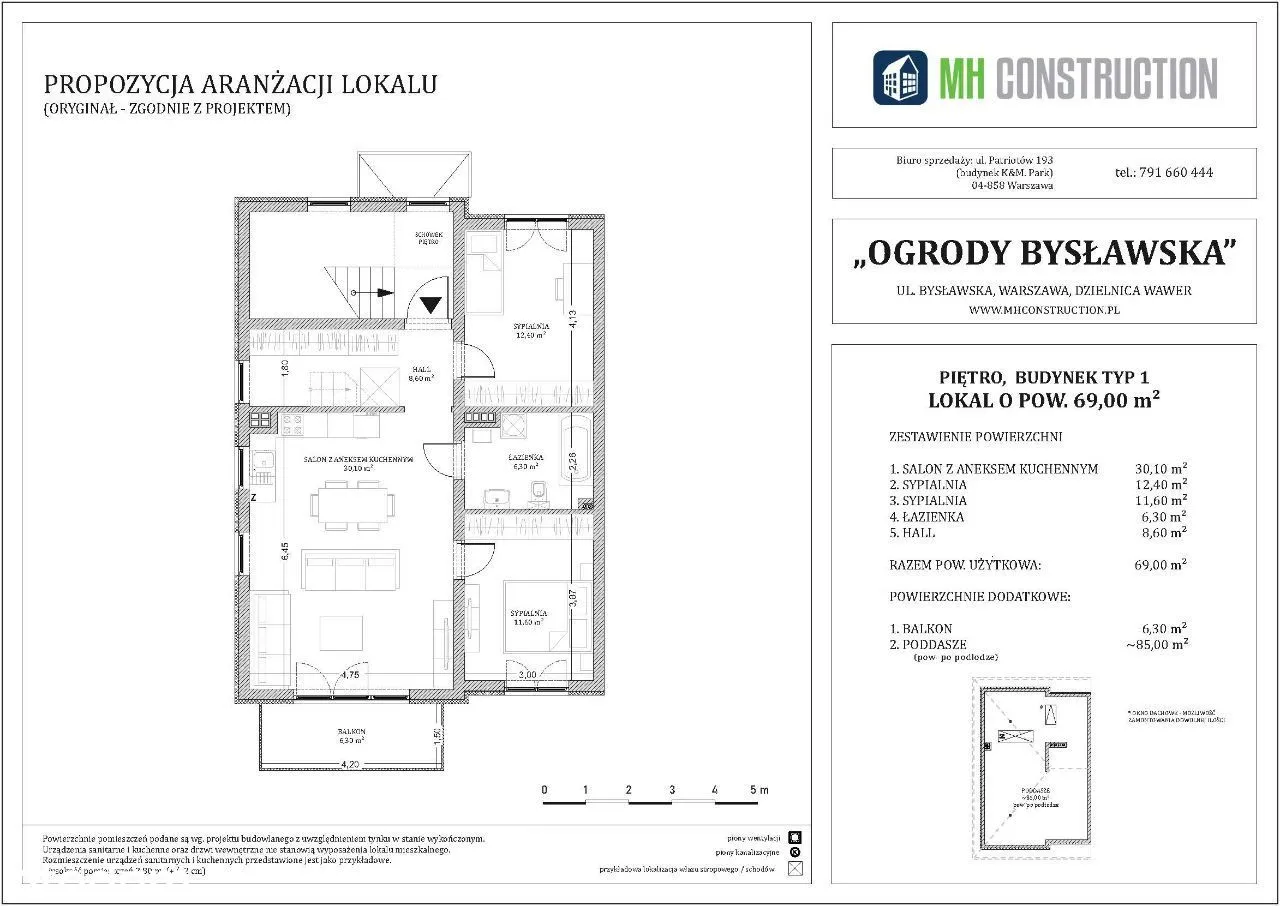 piętro 69 / 74,60m2 + poddasze OGRODY BYSŁAWSKA