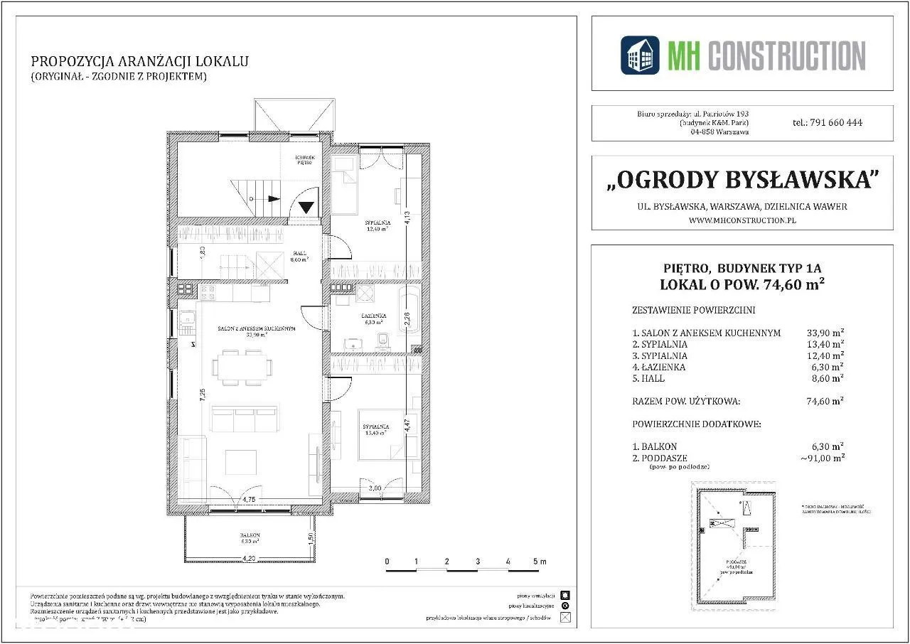 piętro 69 / 74,60m2 + poddasze OGRODY BYSŁAWSKA