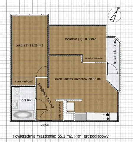 Mieszkanie 55 m2, 3 pokoje, Ursynów Warszawa