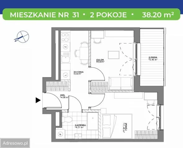 Warszawa Mokotów Mieszkanie - 2 pokoje - 38 m2 - 2 piętro