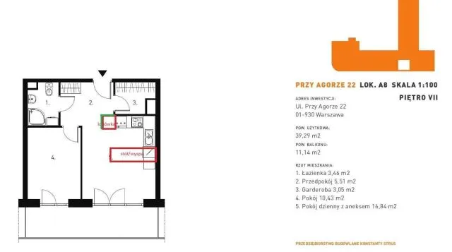 Warszawa Bielany, ul. Przy Agorze Mieszkanie - 2 pokoje - 40 m2 - 7 piętro