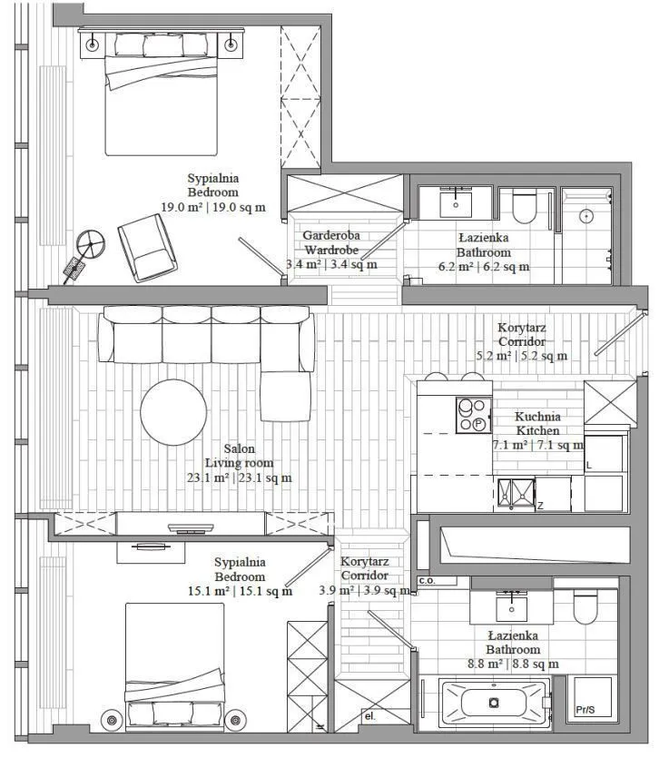 Apartament Zlota 44, 2 sypialnie, 2 łazienki 