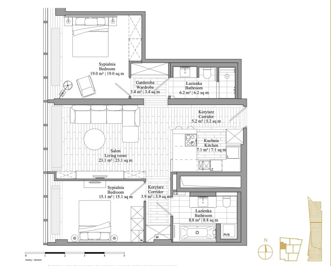 Apartament Zlota 44, 2 sypialnie, 2 łazienki 