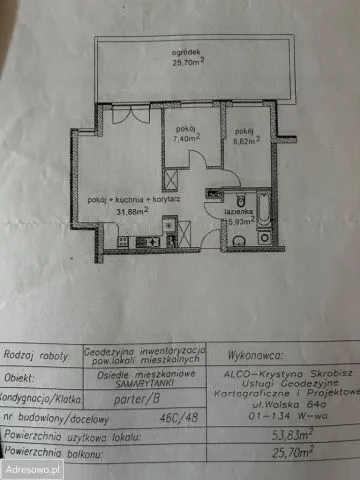 Warszawa Targówek, ul. Samarytanka Mieszkanie - 3 pokoje - 54 m2 - parter