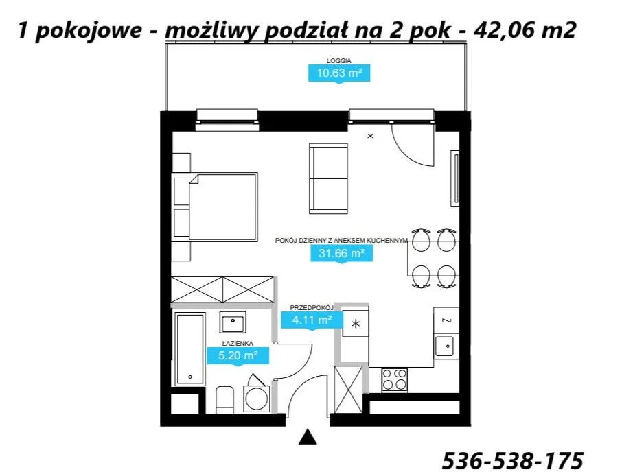 cicha kawalerka z możliwością podziału na 2 pokoje 