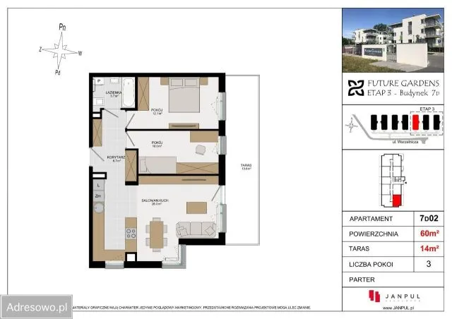 Warszawa Białołęka, ul. Warzelnicza Mieszkanie - 3 pokoje - 61 m2 - parter