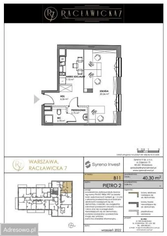 Warszawa Wierzbno, ul. Racławicka Mieszkanie - 2 pokoje - 40 m2 - 2 piętro