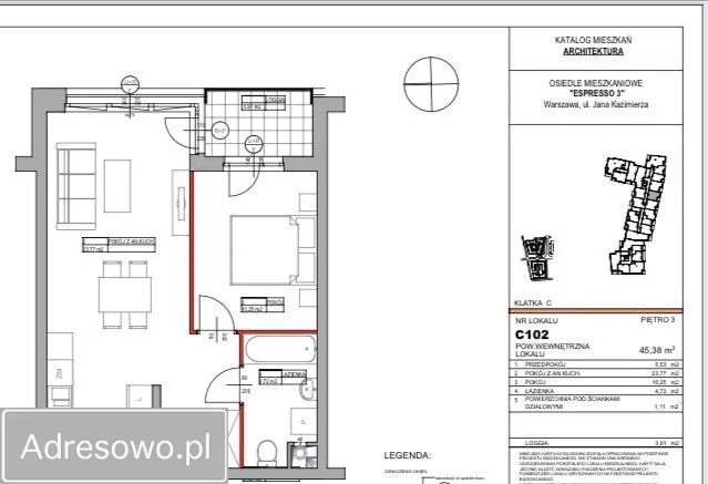 Warszawa Wola, ul. Jana Kazimierza Mieszkanie - 2 pokoje - 45 m2 - 3 piętro