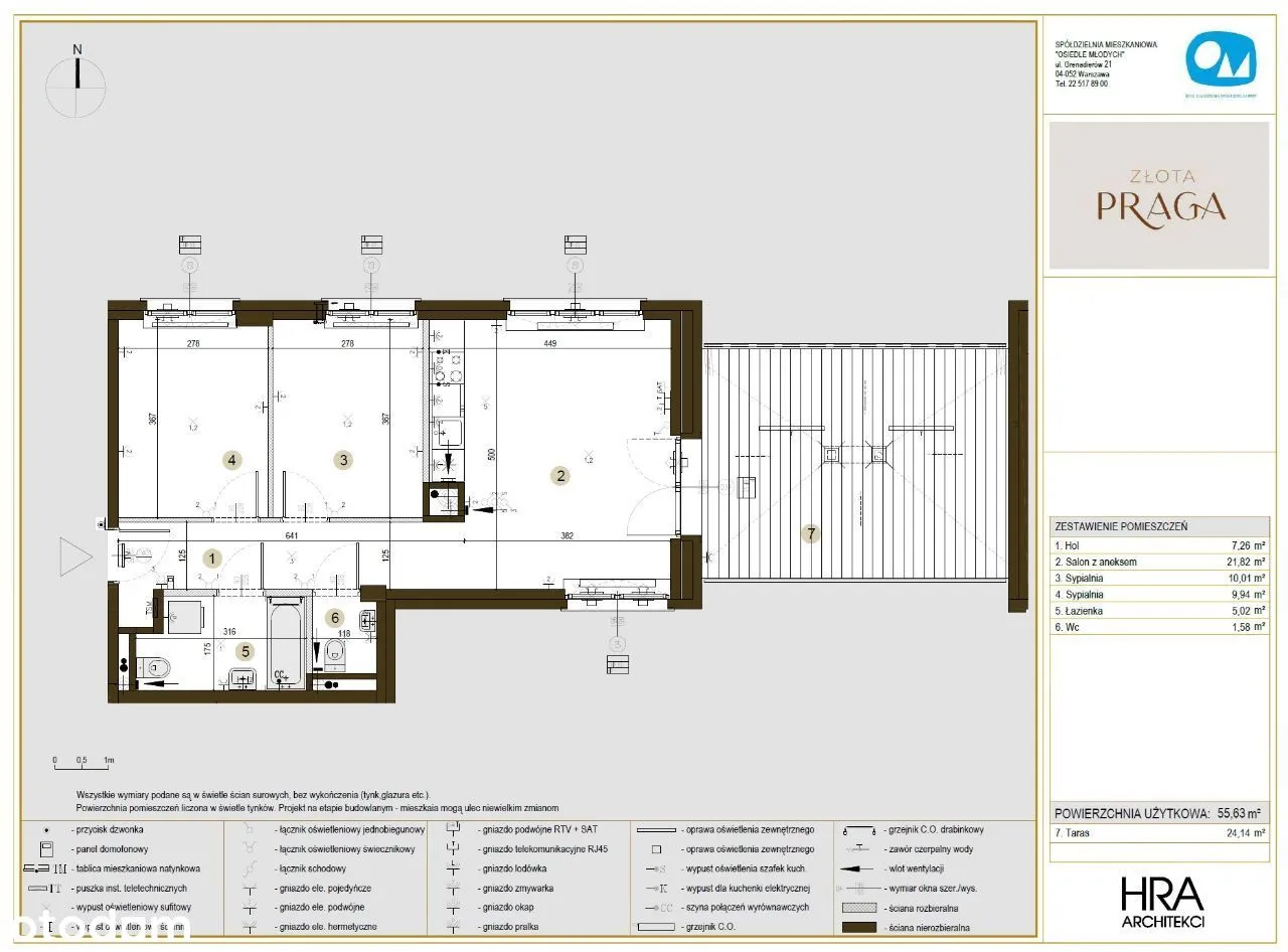 Mieszkanie 3 pok., 55m2+24m2 tarasu, ost. piętro