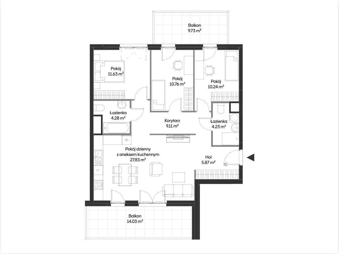 Apartament Premium z 2 Balkonami, 4 Pokoje 