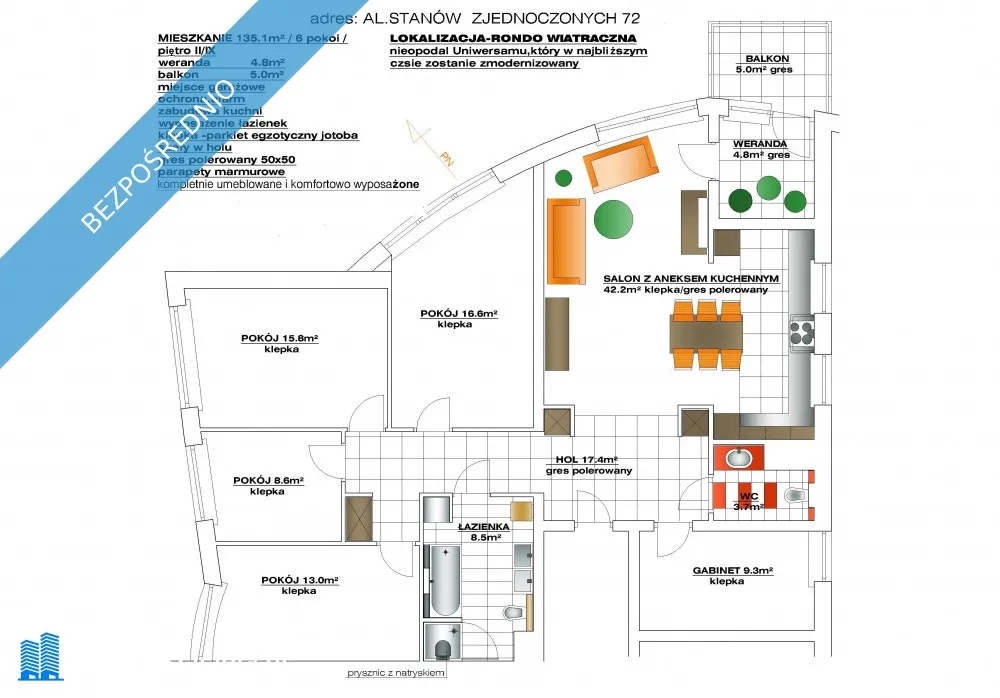 Wynajmę 135 m.kw., 6 pokoi w Warszawie Aleja Stanów Zjednoczonych 72 