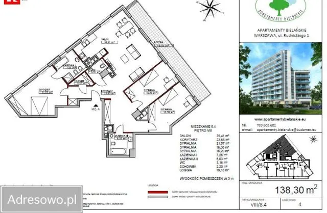 Warszawa Bielany, ul. Lucjana Rudnickiego Mieszkanie - 4 pokoje - 138 m2 - 8 piętro