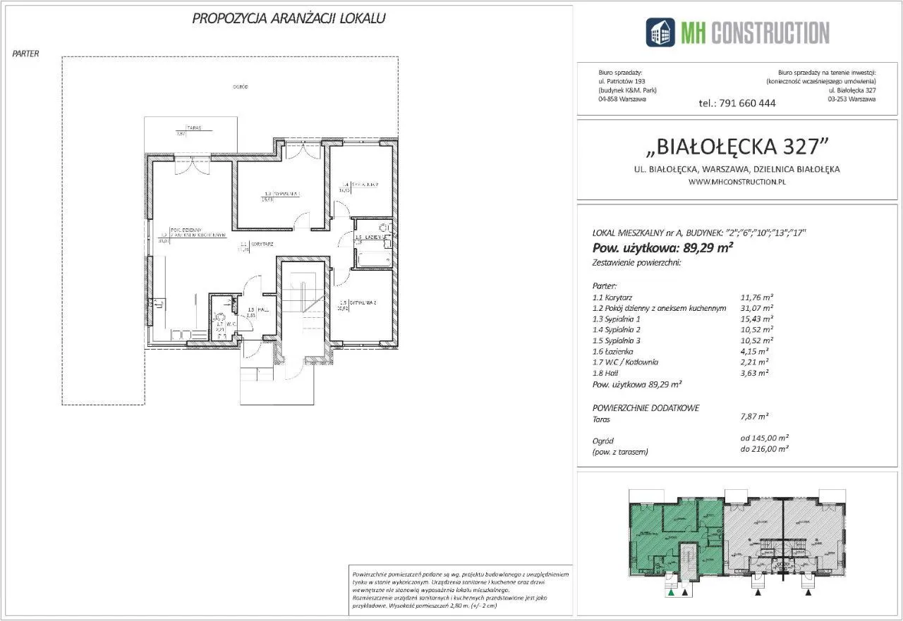 Białołęcka 327 mieszkanie 89m2 ogród 145 - 216m2