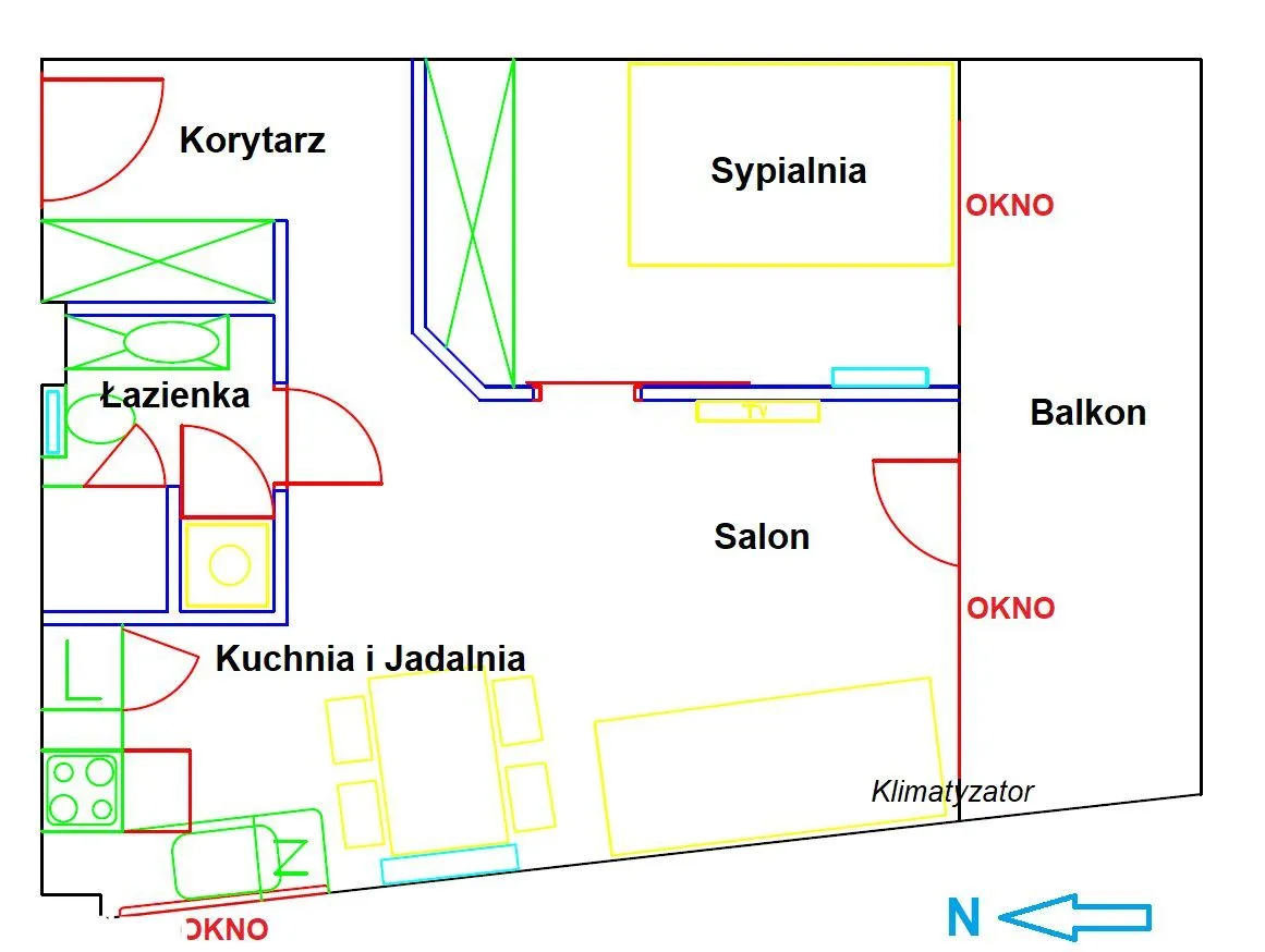 Jasne 2-pokojowe Mieszkanie, Duży balkon, Klima