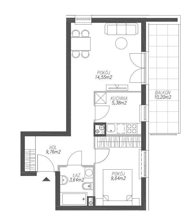 Apartament 2 pok. 43m2 z balkonem 10m2 