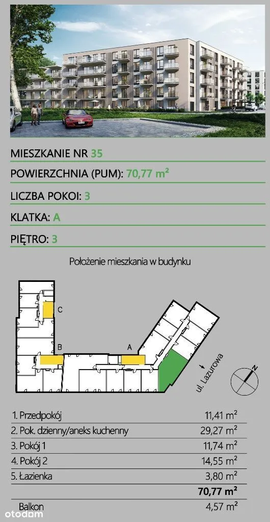 3 pok. 70,77m2 , Balkon 4,57. Cena 14 025zł/m2