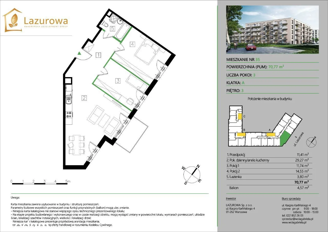 3 pok. 70,77m2 , Balkon 4,57. Cena 14 025zł/m2