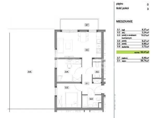 52,5 m2 | 3 pokoje | taras 57 m2 | balkon | garaż