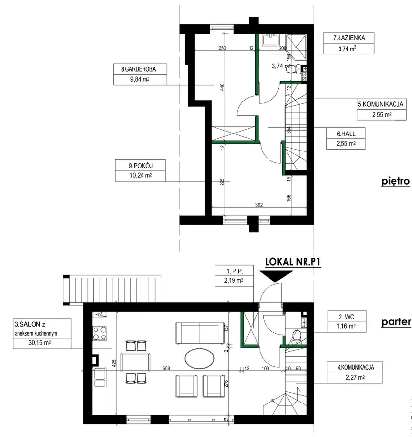 Apartament 3 pok. o powierzchni 63,83m2, dwupoziomowy z ogródkiem 54m2 