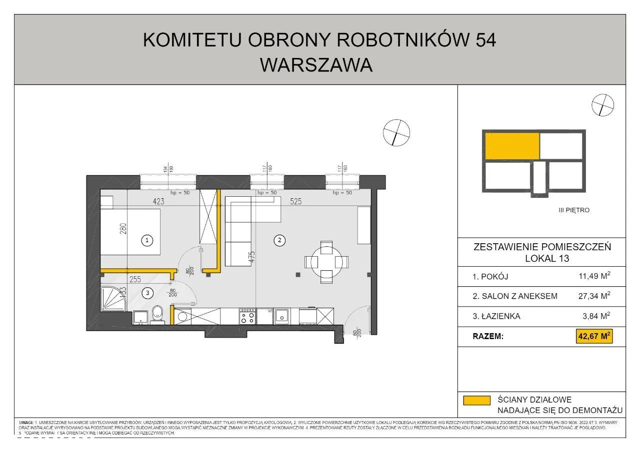 Dwa pokoje. 43m. Widne