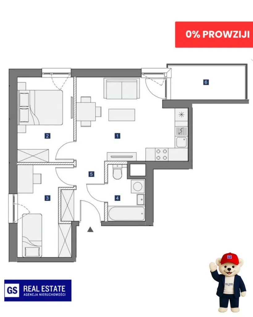 Nowoczesne 3-pok. 47,3 m² | Balkon | 0% prowizji